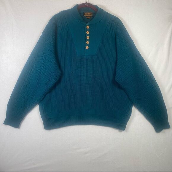 Eddie Bauer Vintage Green Henley Style Knit Long Sleeve Cotton Sweater Size XL - Picture 1 of 10
